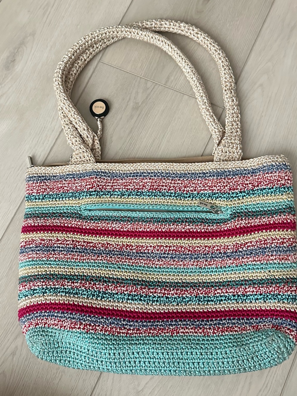 The Sak Multicolor Striped Crochet Tote with Mint Base